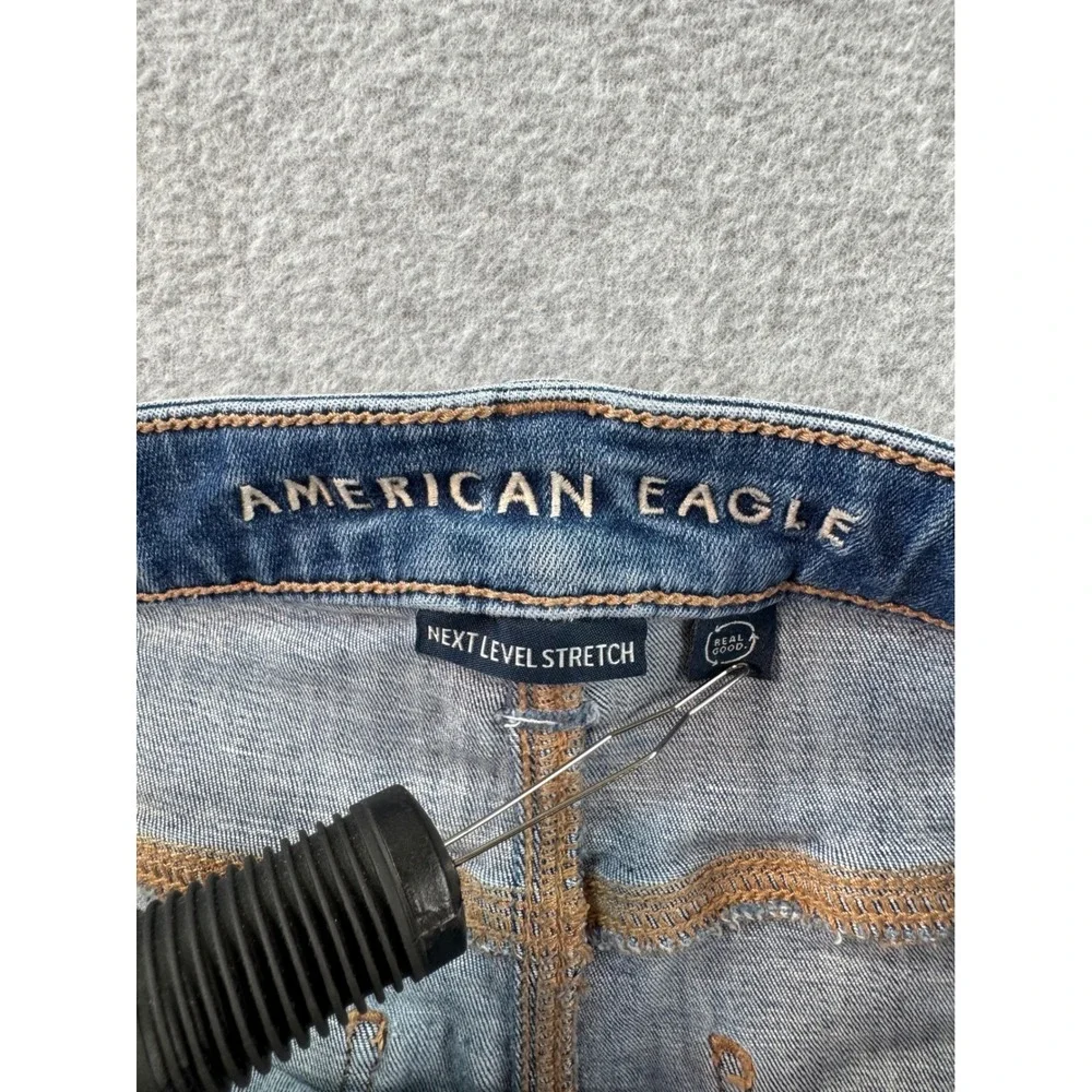 American Eagle Super High Rise Flare Jeans 12 Long Next Level Stretch Blue Patch